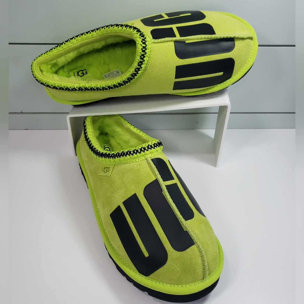 UGG Tasman Chopd Key Lime Black Neon Green Suede Wool Slippers Size Men's 11
